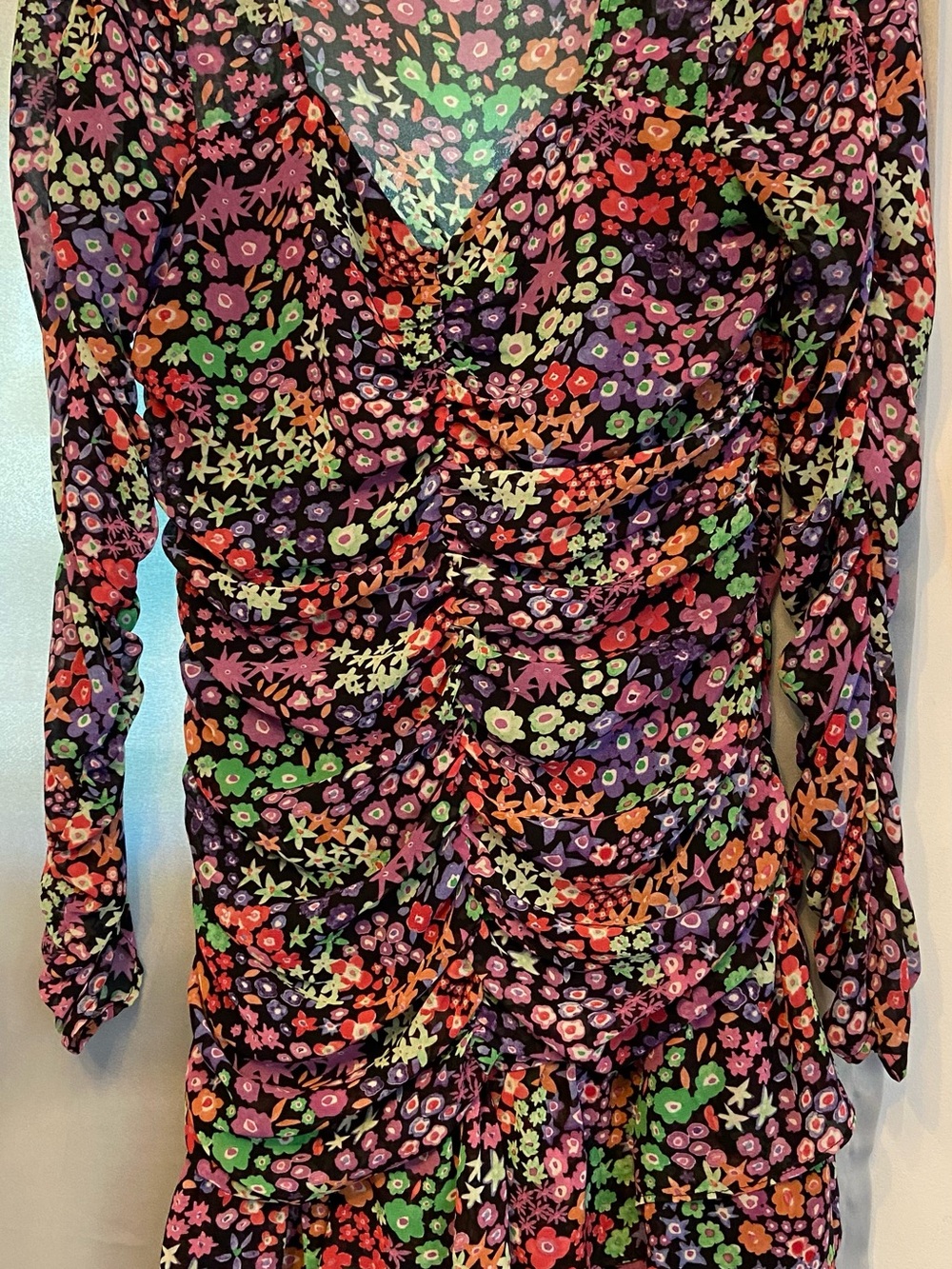 Zara Black Floral Ruched Mini Dress with Multicolor Flowers